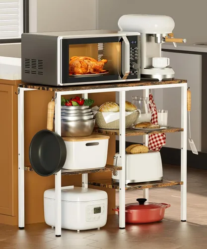 Vista 8 de Soporte de horno microondas de 4 niveles, estación de café ajustable para electrodomésticos pequeños, estante para panadería con 4 ganchos y 7