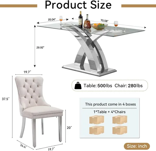 Vista 3 de Juego de mesa de comedor de cristal plateado moderno de 70 pulgadas para 4, juego de mesa de comedor rectangular de 5 piezas con patas de acero