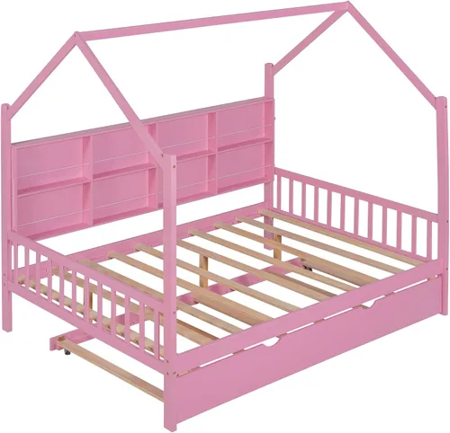 Vista 6 de Harper & Bright Designs Cama de casa de tamaño matrimonial con nido, marco de cama matrimonial de madera con compartimento para estantes, cama