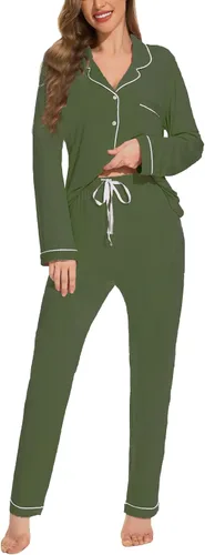Vista 8 de Juego de pijama con botones para mujer, de manga larga, ropa de dormir suave, conjunto de ropa de descanso, tallas XS-XXL bean paste
