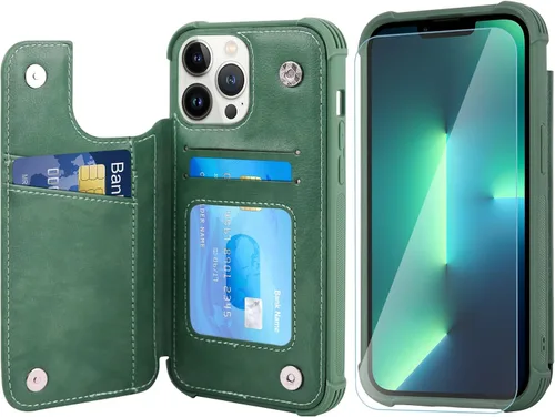 Vista 10 de VANAVAGY Funda tipo cartera compatible con iPhone 13 Mini para mujeres y hombres, funda de piel sintética con tapa para teléfono compatible con Negro