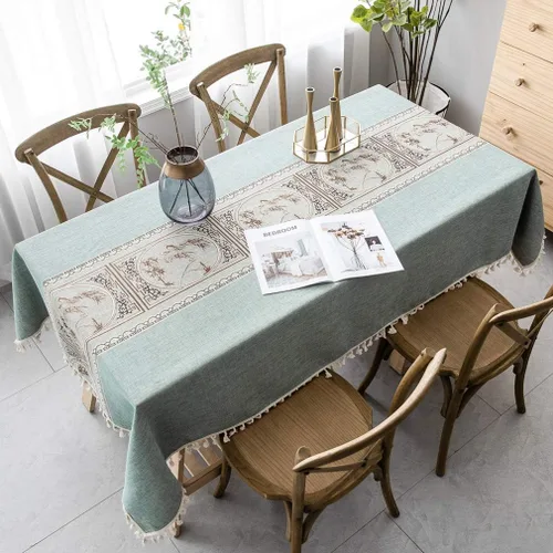 Vista 11 de Pahajim Mantel de lino rústico rectangular con borlas a rayas de algodón para mesa de cocina y comedor, cuadrada, 55 x 55 pulgadas, 4 asientos