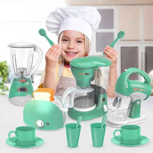 Vista 2 de Yalujumb Juego de juguetes de cocina, juego de electrodomésticos de cocina con cafetera, mezclador, tostadora con luces y sonidos realistas, regalo