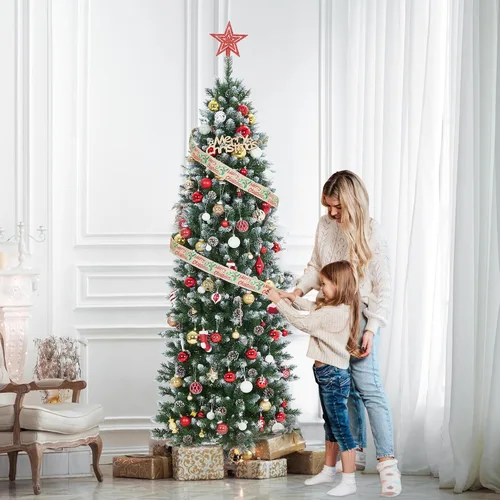 Vista 5 de Árbol de Navidad artificial flocado de nieve de 4 pies y 6 pulgadas Flocado blanco con piñas (forma de lápiz)