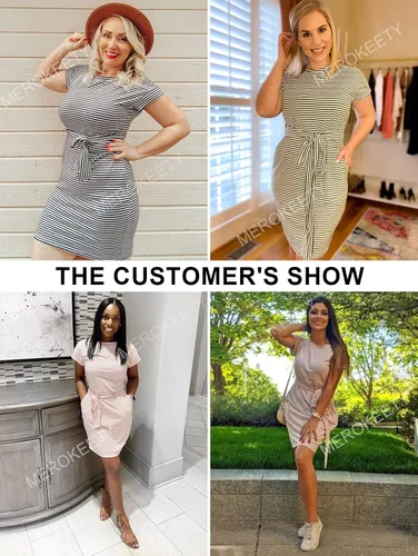 Vista 6 de MEROKEETY - Vestido de verano con manga corta, a rayas, casual, cinturón de amarrar y bolsillos para mujer