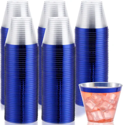 Vista 9 de DaYammi Paquete de 100 vasos de plástico dorados de 16 onzas, elegantes vasos de plástico transparente con borde dorado, desechables, copas de vino
