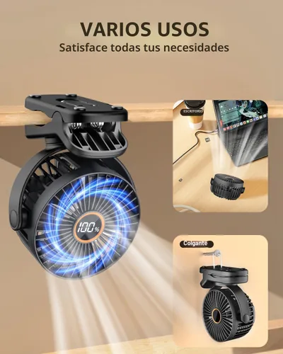 Vista 7 de TUNISE Mini ventilador con clip, ventilador de escritorio a pilas, pantalla digital, 3 velocidades ajustables, bidireccional ajustable de 360 °