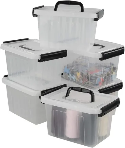 Vista 12 de Paquete de 6 cajas de plástico transparente con tapas, 10 L Diseño transparente, apilable y portátil, ideal para ropa, documentos y pequeños