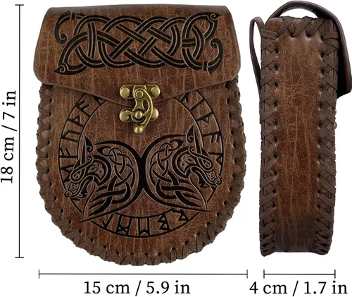 Vista 6 de HiiFeuer Cinturón nórdico en relieve, bolsillo lateral de piel sintética medieval retro, bolso de cintura portátil vintage para LARP Ren Faire