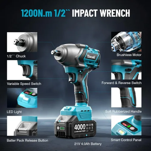 Vista 8 de Llave de impacto de 1/2 de 900 pies-libras (1200 Nm), pistola de impacto de 1/2 y 2 baterías de 21V 4.0Ah, cargador rápido, 4 dados y caja