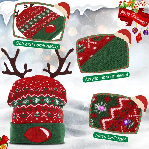 Vista 3 de HuiJuKeJi 2 Pieces Christmas Knitted Light Up Hat Santa Hat with Colorful LED Unisex Winter Beanie Sweater Cap