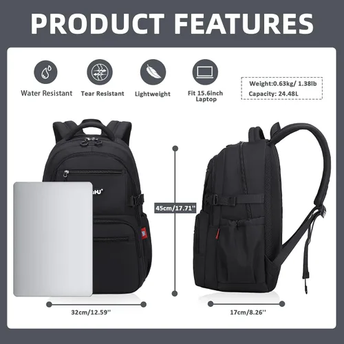 Vista 2 de ASKSKY Mochila para la escuela, mochila ligera para niños y niñas, mochila escolar para adolescentes, para hombres y mujeres, Negro -, Mochilas