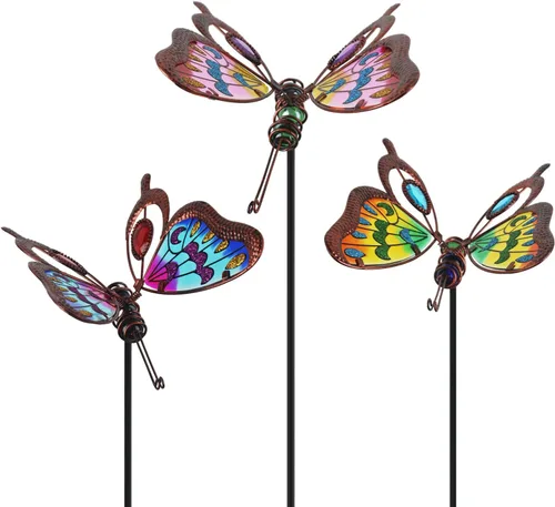 Vista 8 de Paquete de 3 Estacas Decorativas de Jardín con Mariposas, Adornos Exteriores de Arte de Metal para Patio, Estacas de Jardín para Decoración