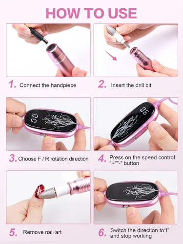 Vista 5 de Subay Kit profesional de manicura y pedicura, juego de taladro eléctrico para uñas con pantalla LED, 25000 RPM, 11 accesorios más 20 bandas