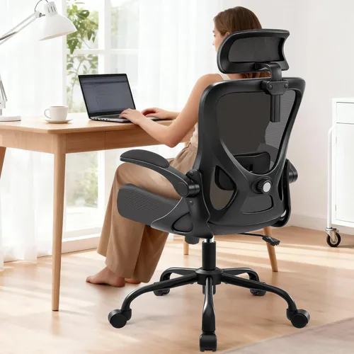 Vista 11 de AreShark Silla de Oficina - Silla de Escritorio Ergonómica de Malla Respirable con Soporte Lumbar Ajustable y Reposabrazos Abatibles - Silla Negro