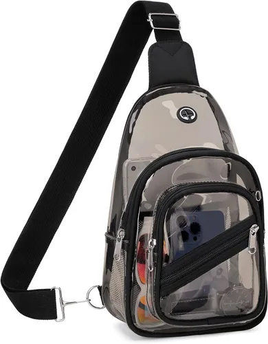 Vista 11 de Bolsa transparente para eventos en estadios, mochila transparente para mujer, impermeable, de PVC, cangurera cruzada para conciertos