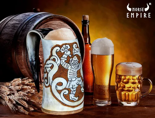 Vista 3 de Taza de cuerno vikingo prémium para cerveza Ale, edición especial, Ragnarok, con detalles, medievales, nórdicos, para vikingos, brillo natural