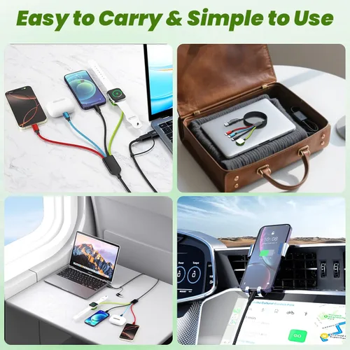 Vista 3 de Travel Essentials - Cargador de Apple Watch, doble tipo C, cable de carga múltiple 4 en 2, cargador de viaje USB A/C para múltiples dispositivos
