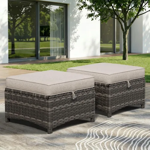 Vista 2 de Juego de 2 otomanas para patio, 22 x 22 x 18 pulgadas, reposapiés de mimbre para exteriores con cojín, beige, para jardín, patio trasero, cubierta