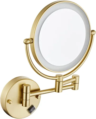 Vista 10 de Espejo de maquillaje con luz LED y aumento, espejo de afeitado de doble cara para baño, espejo extensible de tocador con enchufe, latón, 3X