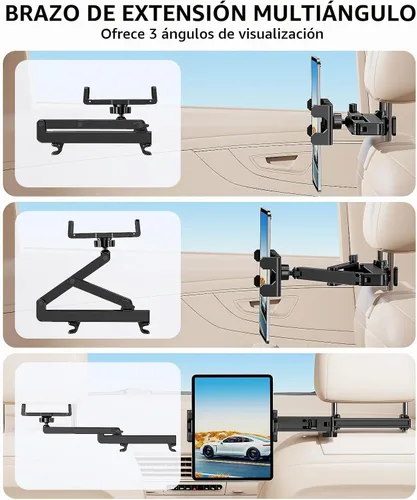 Vista 4 de Soporte para tablet para reposacabezas de automóvil [brazo de extensión resistente 3 en 1] Soporte ajustable para iPad para asiento trasero