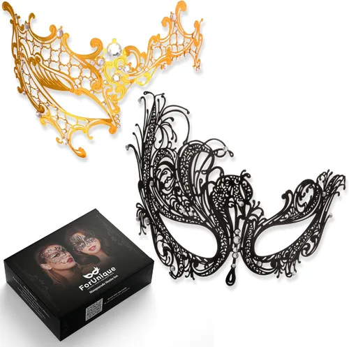 Vista 30 de Masquerade Mask for Couples Women and Men - 3 Pack Venetian Gold and Black Lace, Mardi Gras Mask