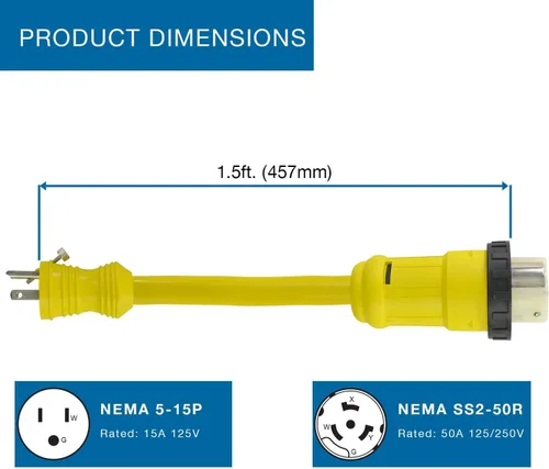 Vista 6 de Conntek 14422 RV adaptador flexible Enchufe Macho 15 Amp con tornillo a 50 Amp 125/250 V, conector hembra de bloqueo