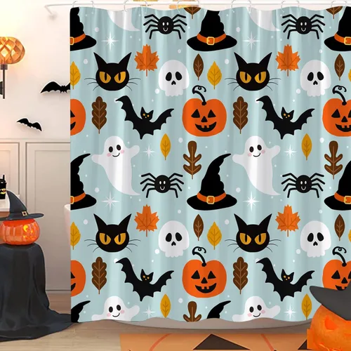 Vista 2 de Cortina de ducha azul de Halloween, linda cortina de baño de fantasma, terror, calabaza, espeluznante, gato negro, calavera aterradora, murciélago