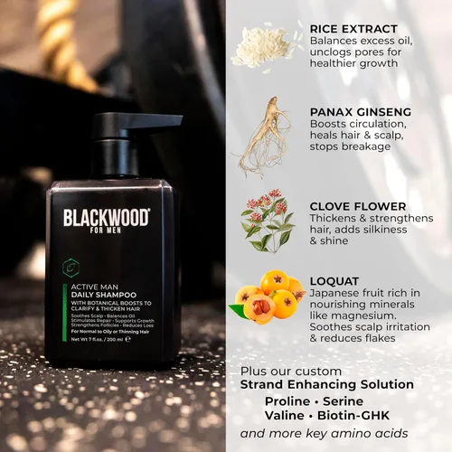 Vista 4 de BLACKWOOD FOR MEN Active Man Daily Shampoo - Champú espesante y aclarante para cabello o cuero cabelludo normal a graso - Combate la pérdida