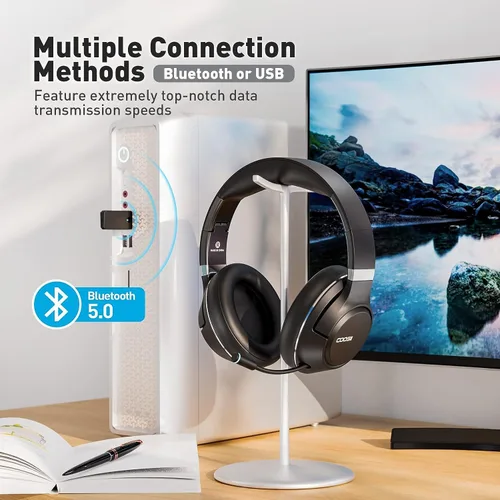 Vista 5 de H300 Auriculares inalámbricos Bluetooth con micrófono, auriculares sobre la oreja con dongle USB y función de silenciar, micrófono retráctil