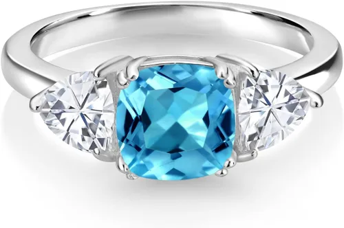 Vista 44 de 925 Sterling Silver Gemstone Birthstone and White Moissanite 3-Stone Engagement Ring for Women 7MM Cushion and 5MM Trillion Accents Three Stone