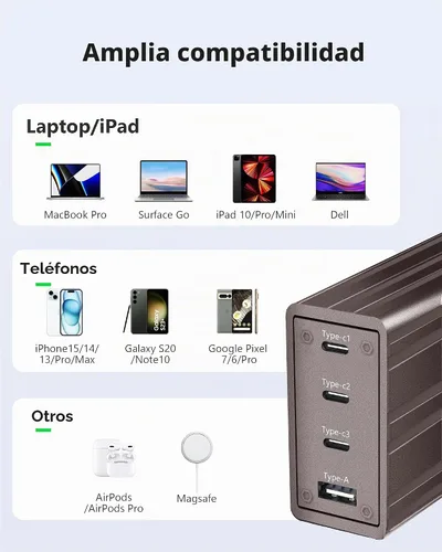 Vista 3 de ACOUCOU - Cargador GaN de 100 W para MacBook/Steam Deck - Cargador plegable de 4 puertos USB C para portátil iPad iPhone Galaxy S24 Ultra