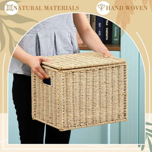 Vista 6 de Jingmore Paquete de 1 organizador de archivos de cuerda de papel, archivador plegable tamaño carta con tapa, cesta de archivos colgante tejida, caja