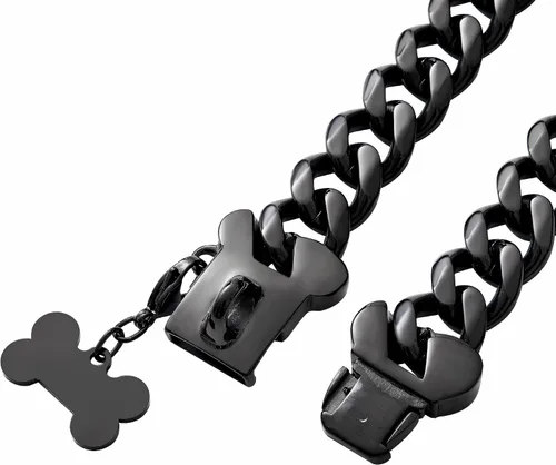 Vista 3 de Collar de eslabones cubanos, resistente, negro, de 10 a 26 pulgadas de ancho, acero inoxidable, collar con chapita personalizable, para perros