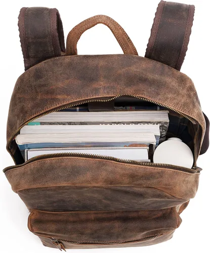 Vista 3 de KomalC Mochila de cuero para laptop para mujeres y hombres, viajes, senderismo, viajes, bolsa de campamento, desgastado bronceado, 15 pulgadas