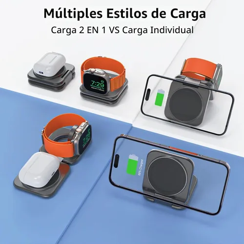 Vista 2 de KUXIU - Mini cargador inalámbrico plegable 2 en 1 para Apple, estación de carga magnética de aleación de aluminio compatible con iPhone Gris