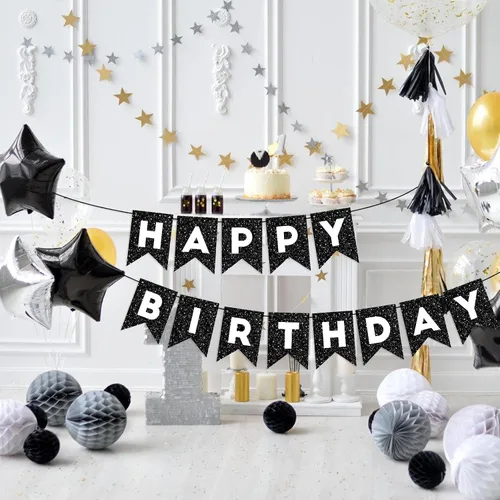 Vista 3 de Cartel de feliz cumpleaños con purpurina negra para hombres, mujeres y niños, guirnalda de feliz cumpleaños negra, suministros de fiesta, decoración