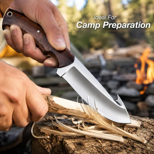 Vista 5 de Cuchillo de gancho de acero D2 hecho a mano - Hoja fija de espiga completa con mango de madera y funda de cuero - Cuchillo afilado para desollar