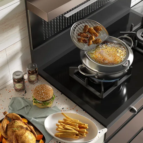 Vista 7 de Kerilyn Olla Freidora Profunda, 9.4 Pulgadas/3.4 L Olla de Freír Tempura de Estilo Japonés con Tapa, Acero Inoxidable 304 con Control de Temperatura