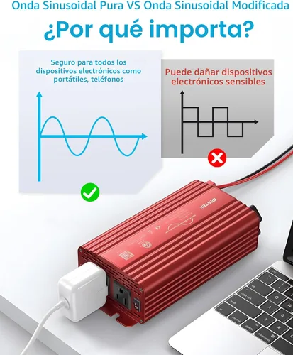 Vista 2 de BESTEK Inversor de corriente de onda sinusoidal pura de 500 W, CC 12 V a CA (2 tomas), cargador de coche de 110 V, convertidor de adaptador de 1 Rojo