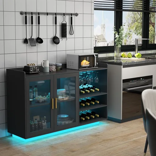 Vista 8 de Gabinete de barra de vino Loomie con luces LED, barra de café flotante con estante de vidrio y estantes de vino removibles, aparador buffet moderno
