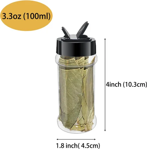 Vista 2 de Paquete de 24 tarros de plástico transparente para especias de 3.3 onzas con tapas negras para coctelera, botella redonda de especias de 3.3 onzas