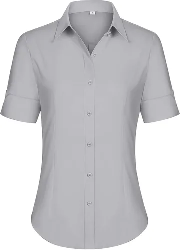 Vista 15 de siliteelon Camisas de vestir de manga corta con botones para mujer, camisas de algodón con botones para mujer, blusa ajustada de manga 3/4