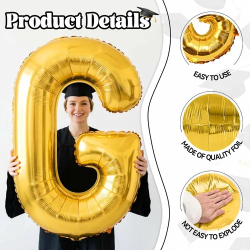 Vista 3 de Biapian Globos dorados de 40 pulgadas, 4 piezas de decoraciones de graduación, pancarta grande de graduación dorada, globos de aluminio para fiesta