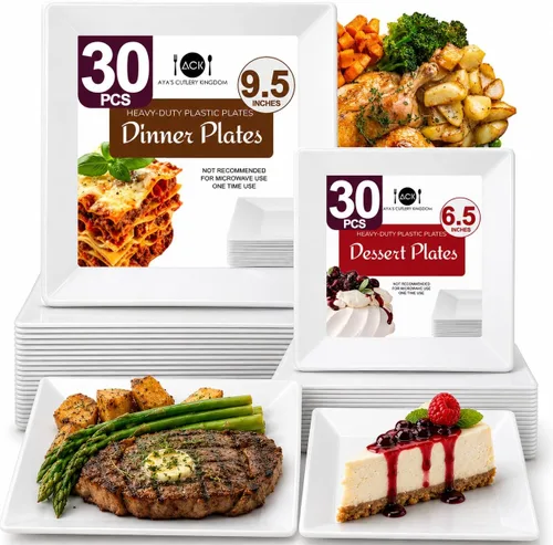 Vista 9 de Aya’s 60 Pack de Platos de Plástico para Fiesta - Juego de Platos Desechables Resistente con 30 Platos de Cena y 30 Platos de Ensalada - Platos
