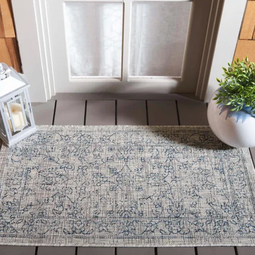 Vista 17 de SAFAVIEH Alfombra lavable al aire libre, colección Courtyard - 2'3" x 5', azul aguamarina y gris, no desprende pelusa y fácil limpieza, ideal