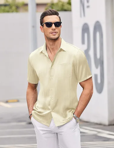 Vista 4 de COOFANDY Camisas de vestir de seda de manga corta para hombre, camisas casuales de satén con botones y bolsillo, para fiesta, graduación, boda
