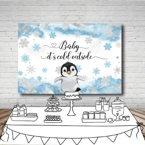 Vista 4 de MEHOFOND Telón de fondo de invierno para baby shower de pingüino de 7 x 5 pies para niños, bebé hace frío afuera, fondo de acuarela azul, animales
