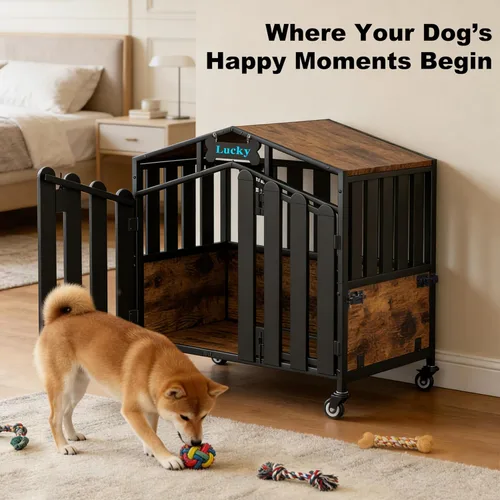 Vista 7 de EasyCom Muebles resistentes de 31 pulgadas para perros, para interiores con ruedas de 360°, jaulas decorativas para perros pequeños, jaula de madera