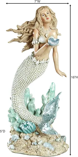 Vista 3 de Touch of Class Oceana - Escultura costera de sirena Figura de resina pintada a mano Acentos nacarados, concha azul y cola en tono perlado